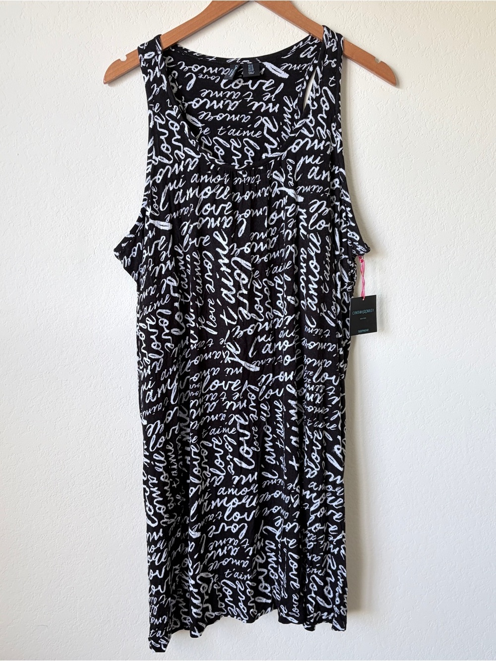 Cynthia Rowley Nightgown 1X Black White Script Sleeveless Sleepwear NWT Plus New